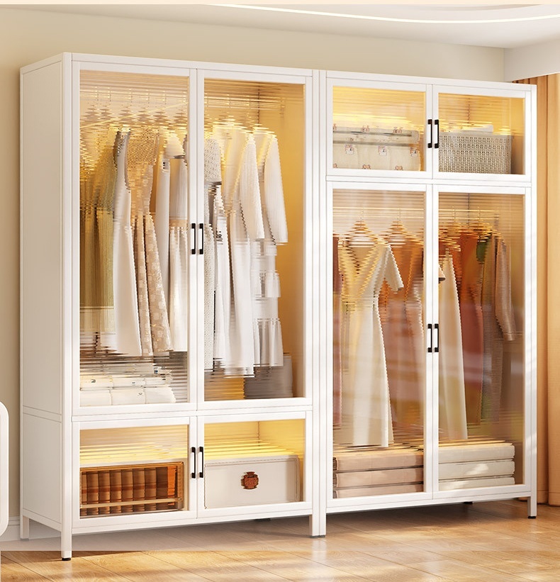 Freestanding Steel Armoire Wardrobe Cabinet with Hanging Rod Modern Design for Bedroom and Living Room Storage