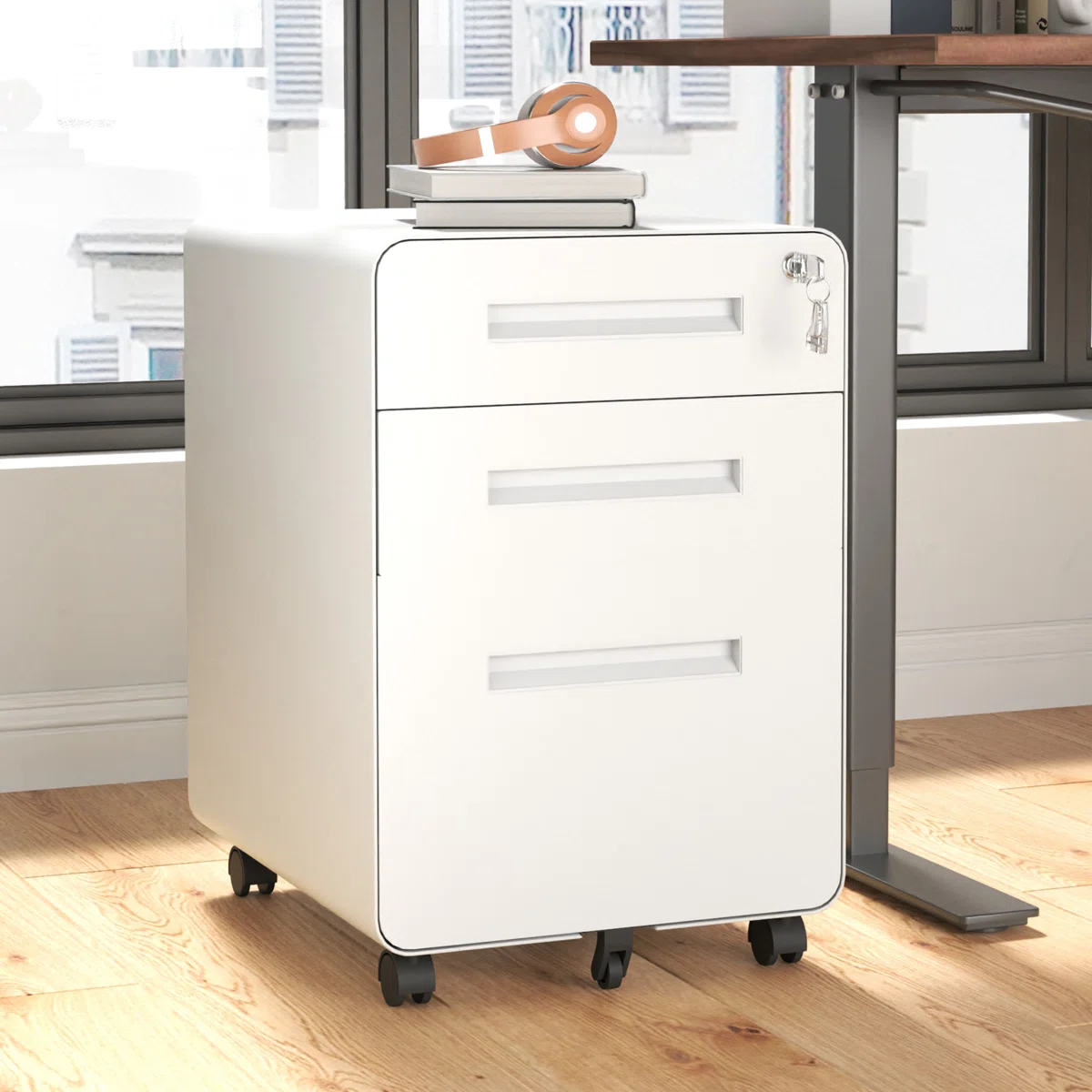 24'' Tall White Compact Steel Storage Cabinet Desk Office Mobile Pedestal Filing Cabinet for Kitchen Gym Outdoor School Use