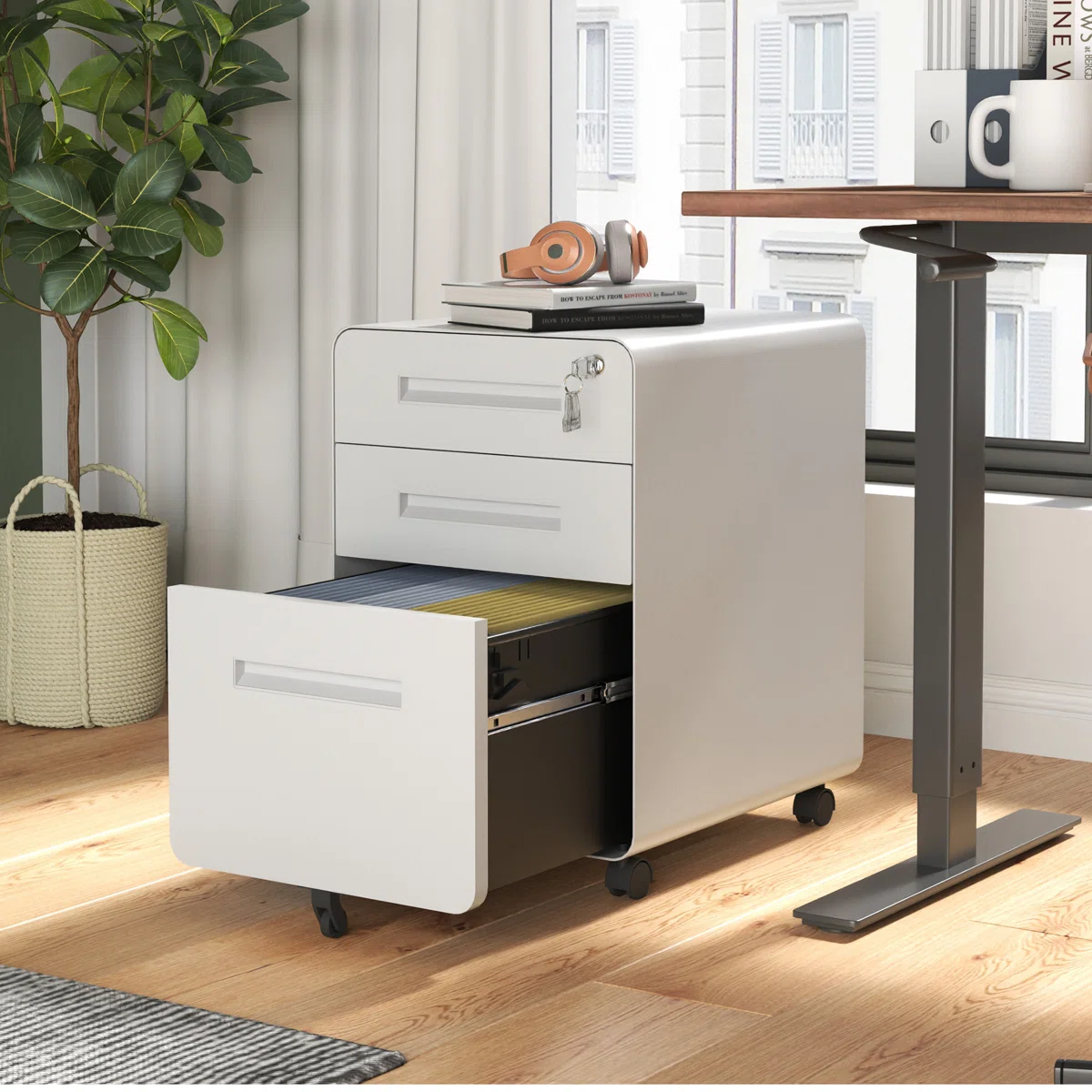24'' Tall White Compact Steel Storage Cabinet Desk Office Mobile Pedestal Filing Cabinet for Kitchen Gym Outdoor School Use