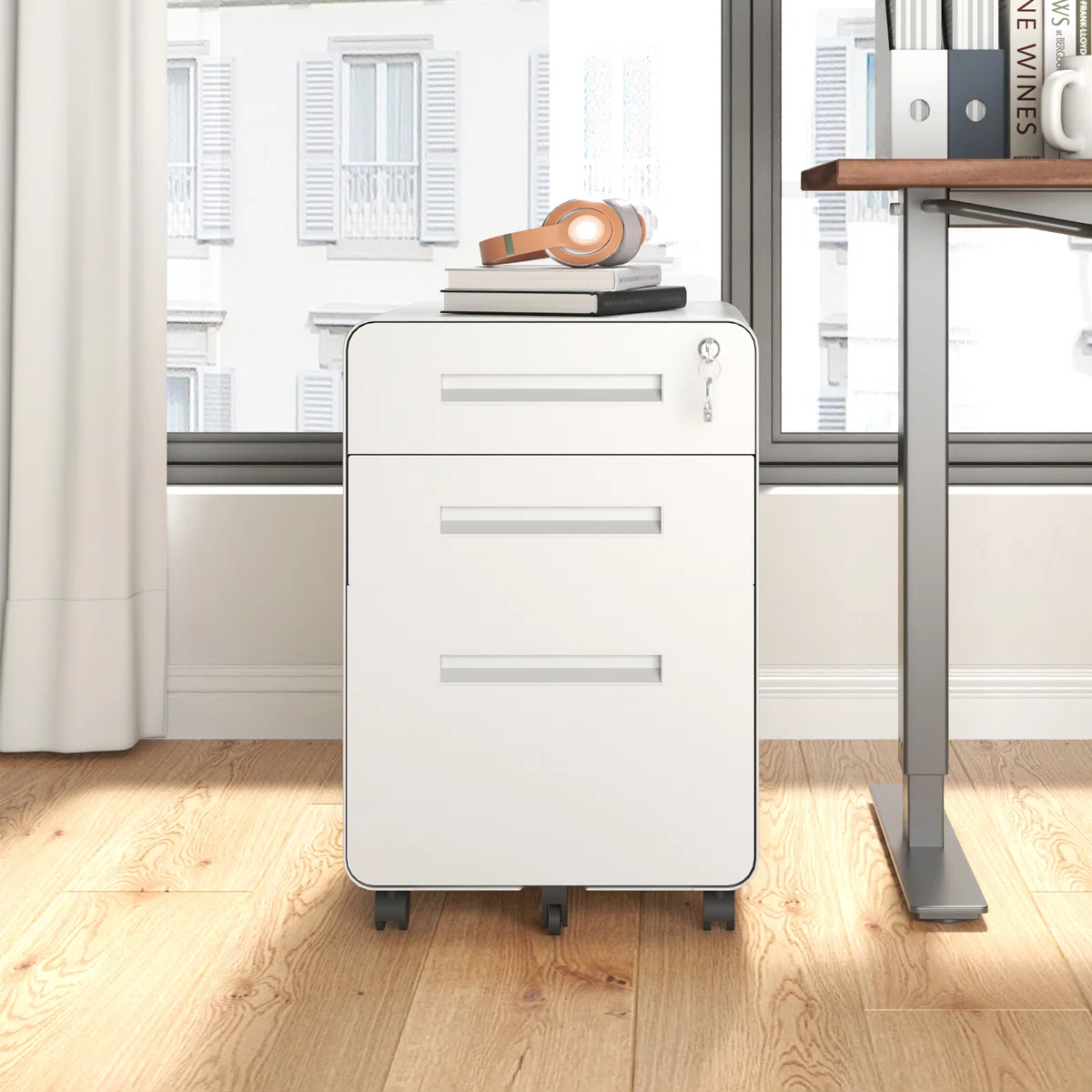 24'' Tall White Compact Steel Storage Cabinet Desk Office Mobile Pedestal Filing Cabinet for Kitchen Gym Outdoor School Use