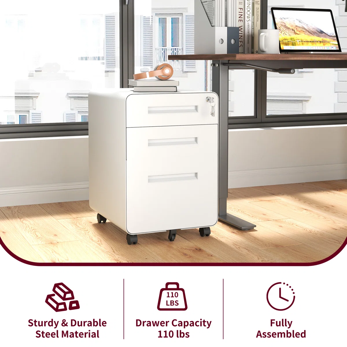 24'' Tall White Compact Steel Storage Cabinet Desk Office Mobile Pedestal Filing Cabinet for Kitchen Gym Outdoor School Use