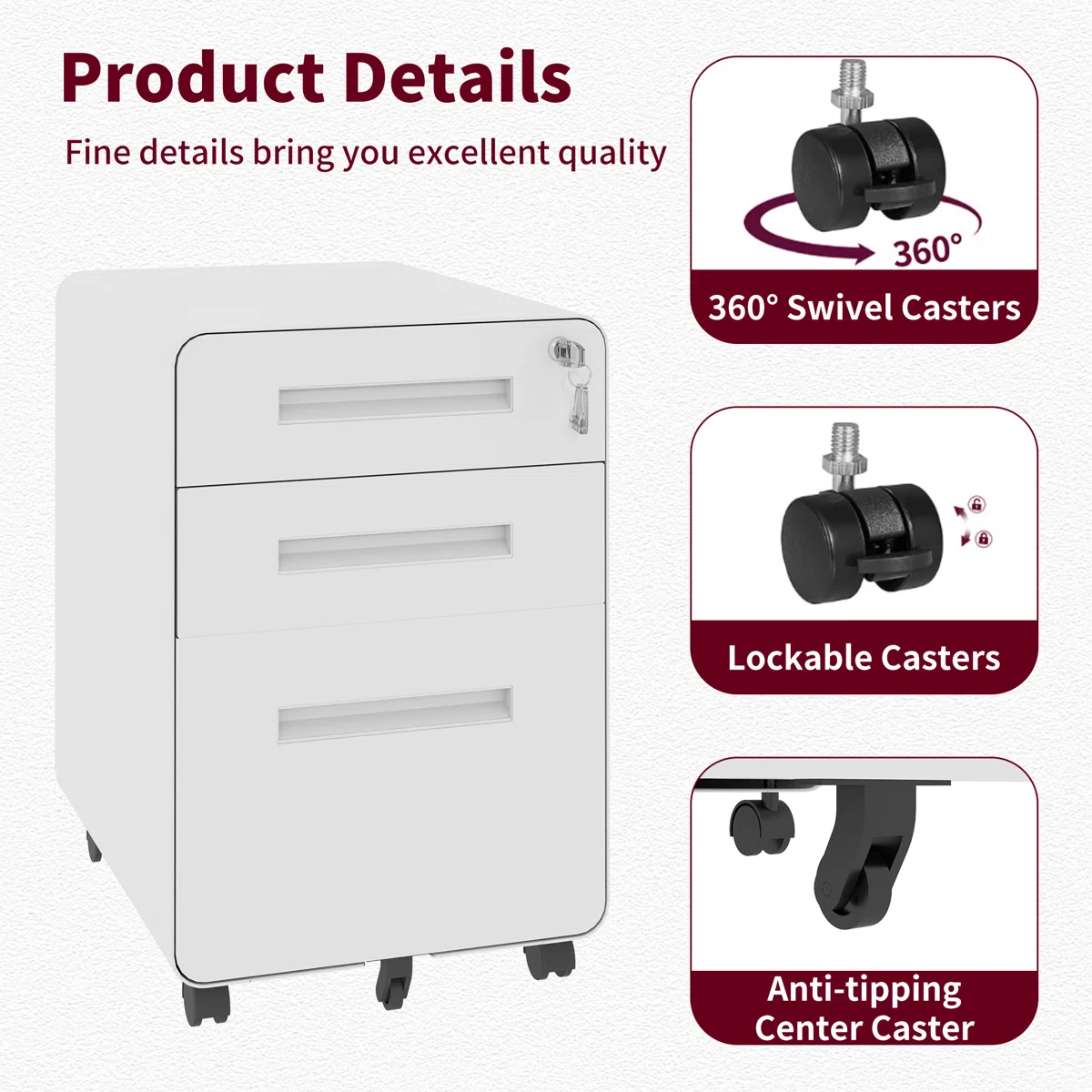 24'' Tall White Compact Steel Storage Cabinet Desk Office Mobile Pedestal Filing Cabinet for Kitchen Gym Outdoor School Use