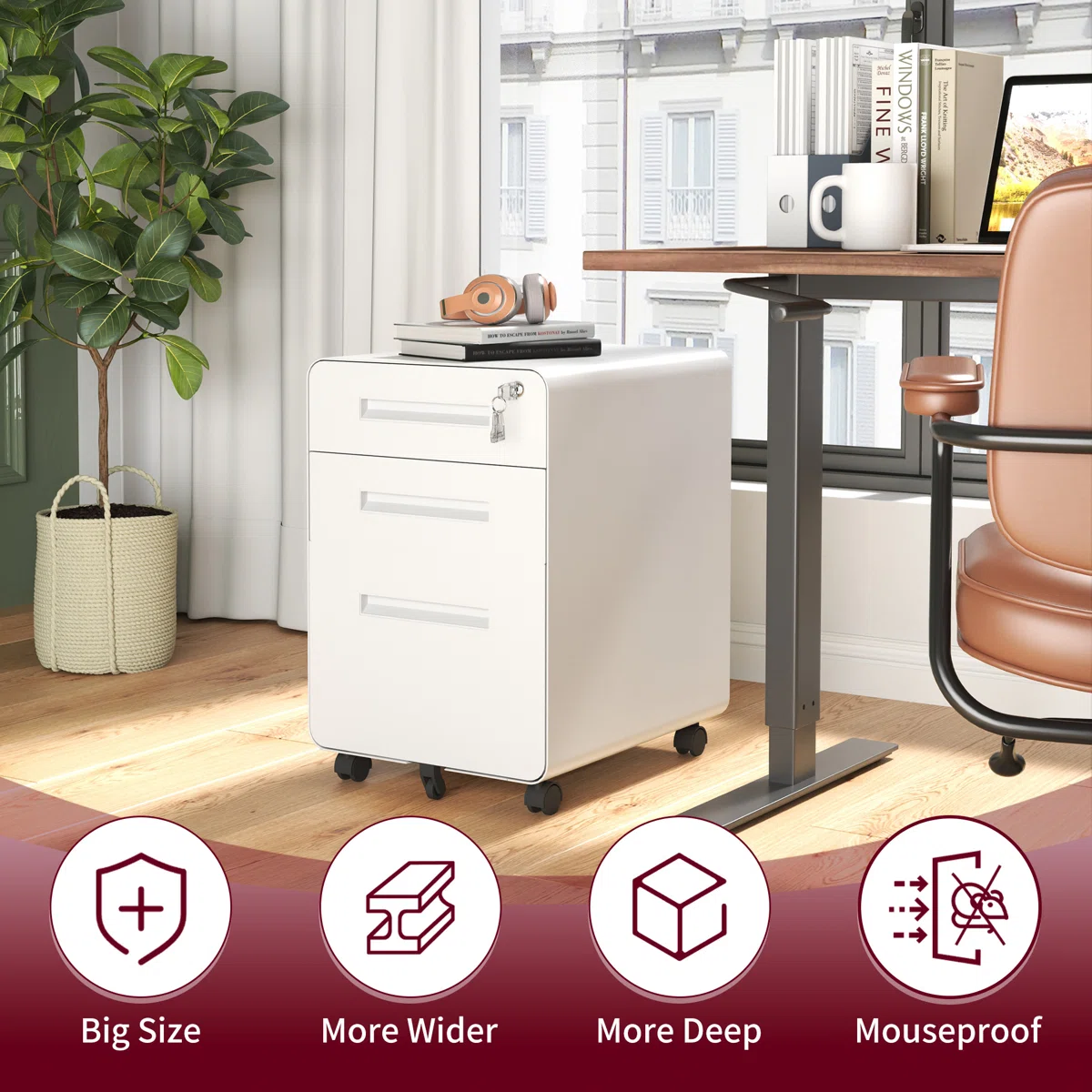24'' Tall White Compact Steel Storage Cabinet Desk Office Mobile Pedestal Filing Cabinet for Kitchen Gym Outdoor School Use