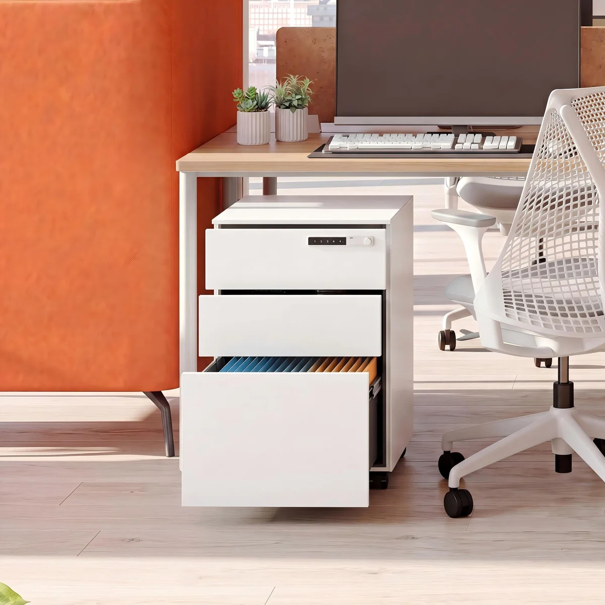 3 Drawer Steel File Cabinet with Code Lock Fully Assembled Mobile Filing Cabinet Eco-Friendly Home & Commercial Office Use
