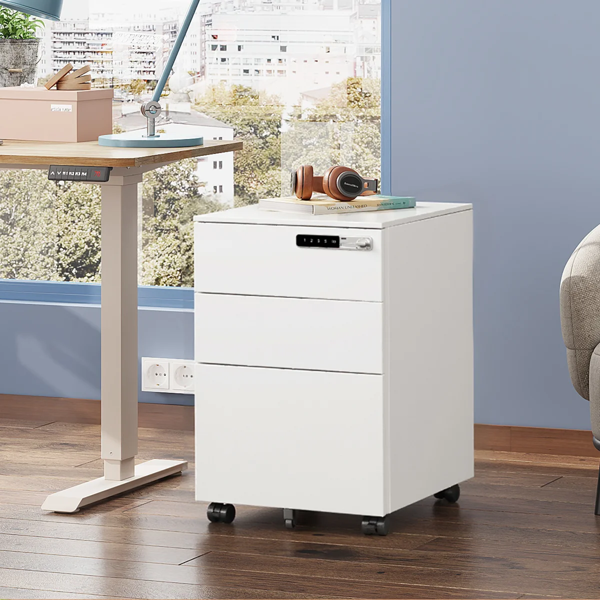 3 Drawer Steel File Cabinet with Code Lock Fully Assembled Mobile Filing Cabinet Eco-Friendly Home & Commercial Office Use