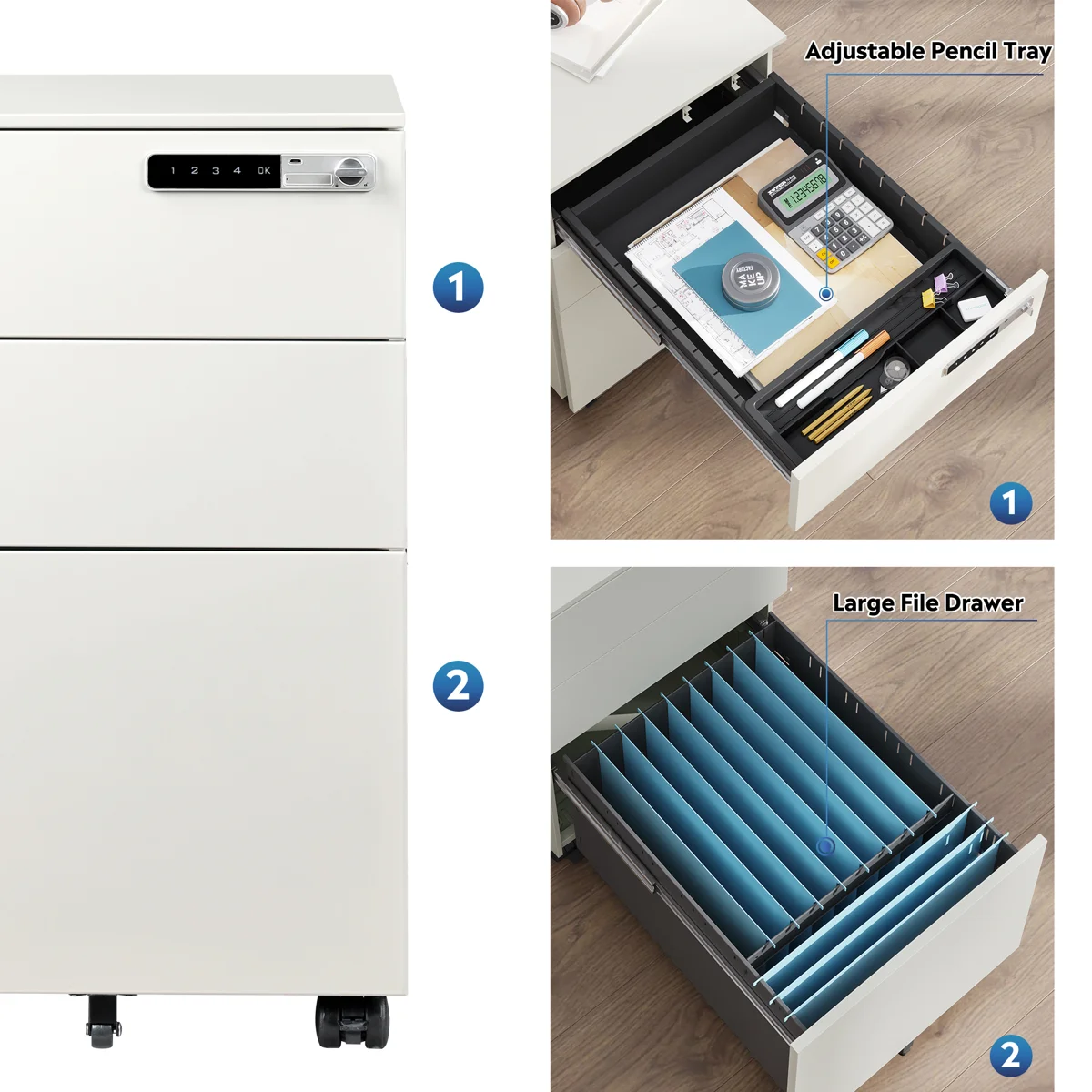 3 Drawer Steel File Cabinet with Code Lock Fully Assembled Mobile Filing Cabinet Eco-Friendly Home & Commercial Office Use