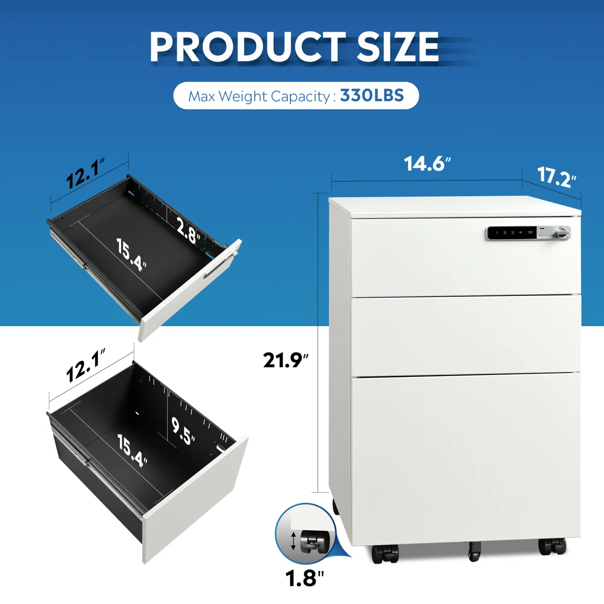 3 Drawer Steel File Cabinet with Code Lock Fully Assembled Mobile Filing Cabinet Eco-Friendly Home & Commercial Office Use