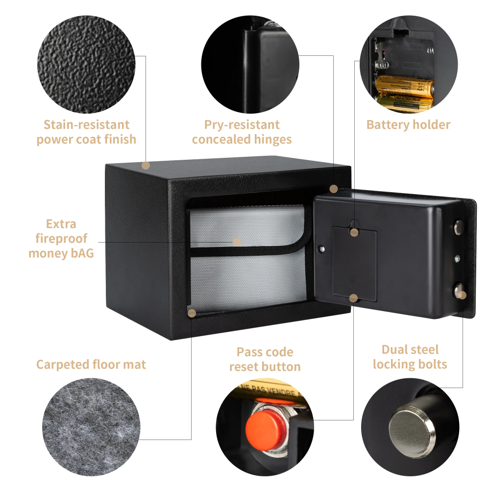 Home Security Safe Box Steel Money Safe with Sensor Light Fireproof Digital Keypad & Key/Pass Code Lock Money Bag Included