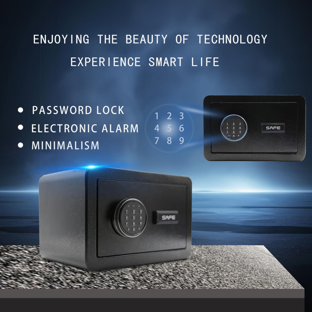 Compact Black Steel Home Safe Secure Digital Electronic Lock Valuable Storage for Personal Use 25x35x25cm Dimensions Waterproof