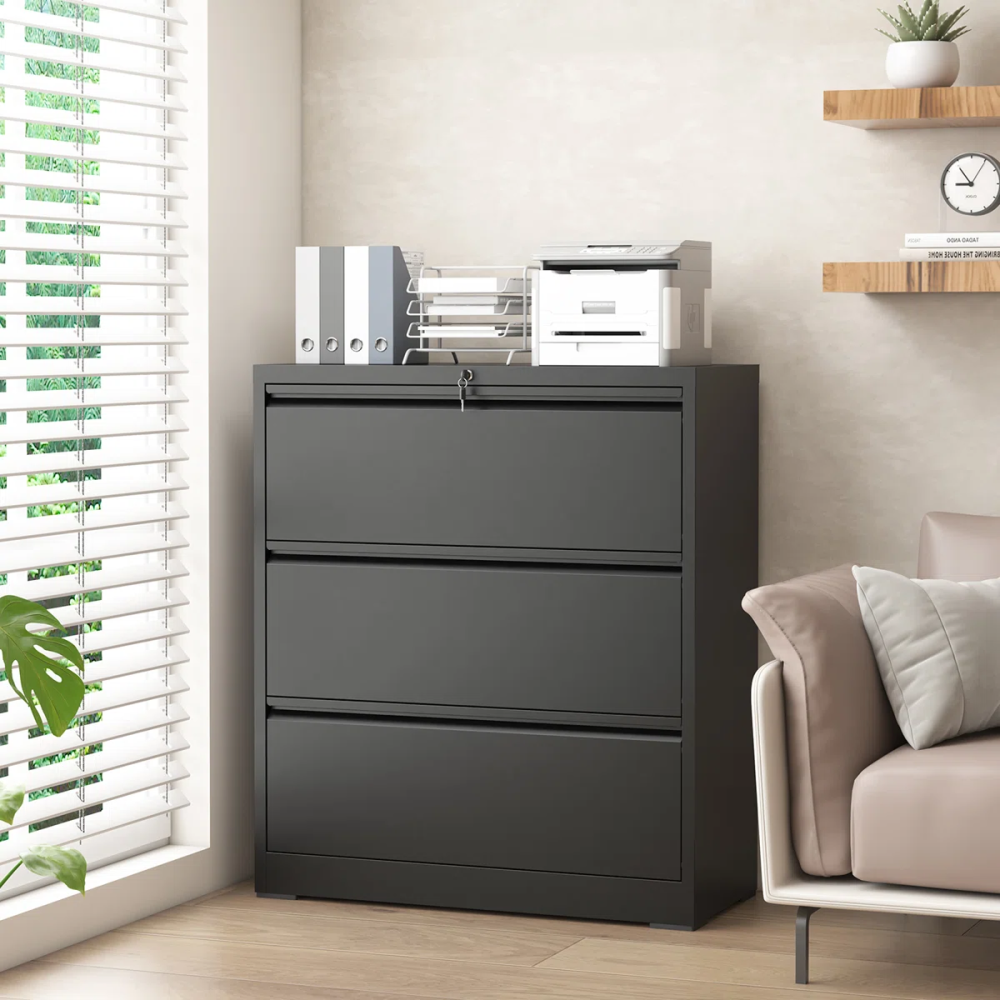 Modern Steel Lateral File Cabinet 3 Lockable Drawers Space Saving for Hotel Office Use Durable Corrosion Resistant Storage