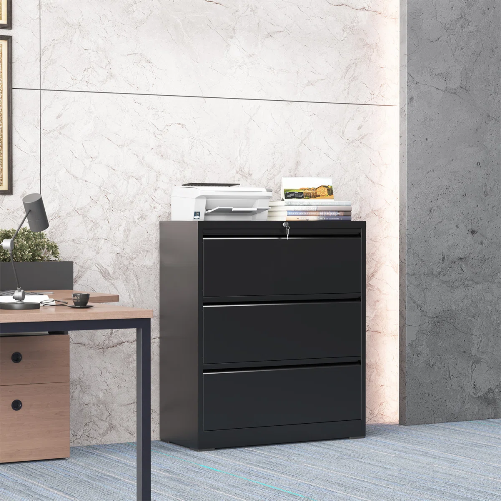 Modern Steel Lateral File Cabinet 3 Lockable Drawers Space Saving for Hotel Office Use Durable Corrosion Resistant Storage