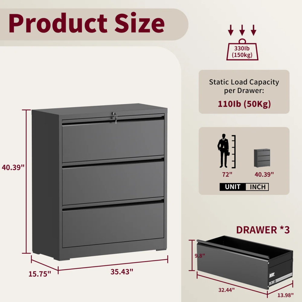Modern Steel Lateral File Cabinet 3 Lockable Drawers Space Saving for Hotel Office Use Durable Corrosion Resistant Storage