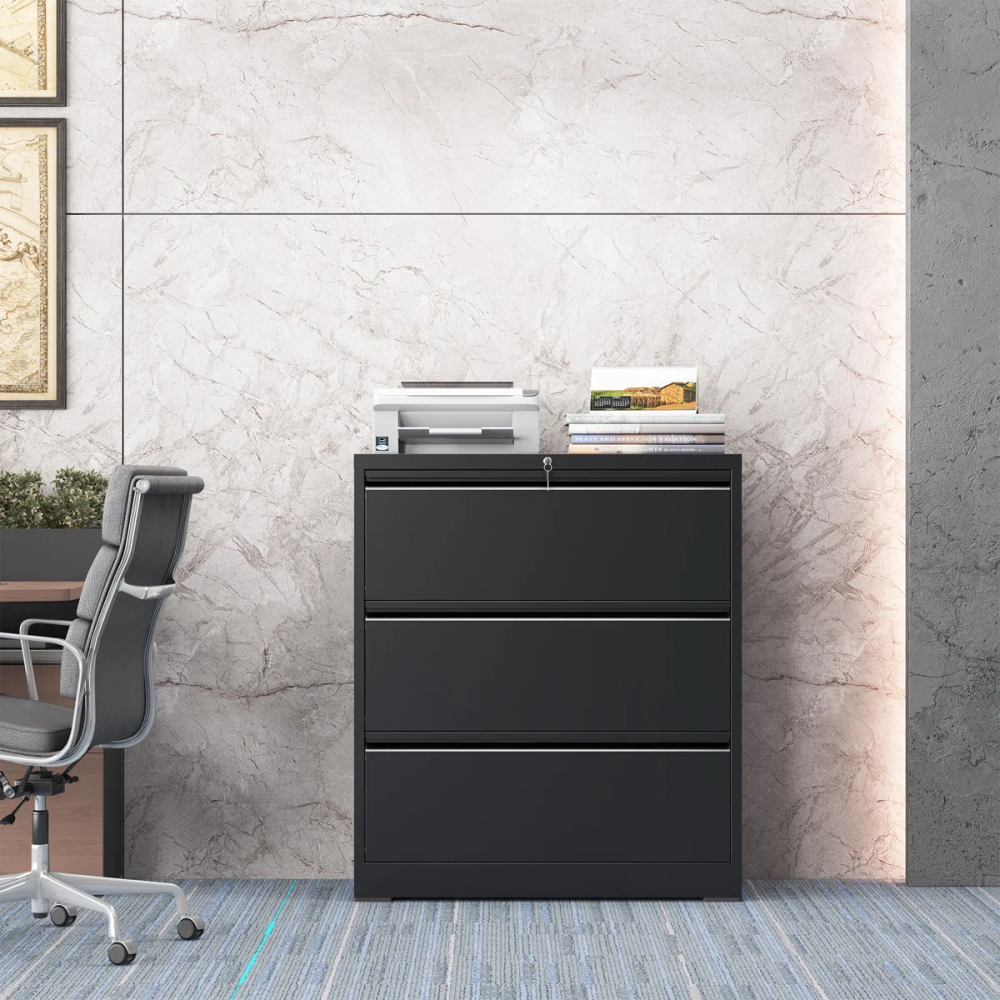 Modern Steel Lateral File Cabinet 3 Lockable Drawers Space Saving for Hotel Office Use Durable Corrosion Resistant Storage