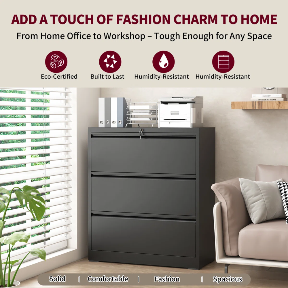 Modern Steel Lateral File Cabinet 3 Lockable Drawers Space Saving for Hotel Office Use Durable Corrosion Resistant Storage
