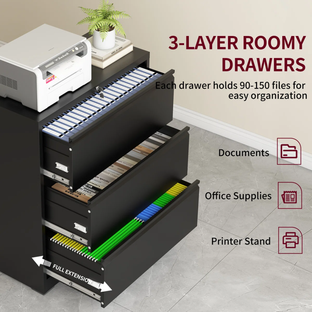 Modern Steel Lateral File Cabinet 3 Lockable Drawers Space Saving for Hotel Office Use Durable Corrosion Resistant Storage