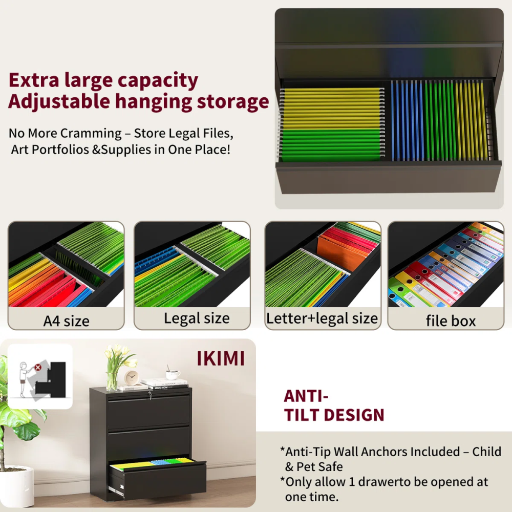 Modern Steel Lateral File Cabinet 3 Lockable Drawers Space Saving for Hotel Office Use Durable Corrosion Resistant Storage