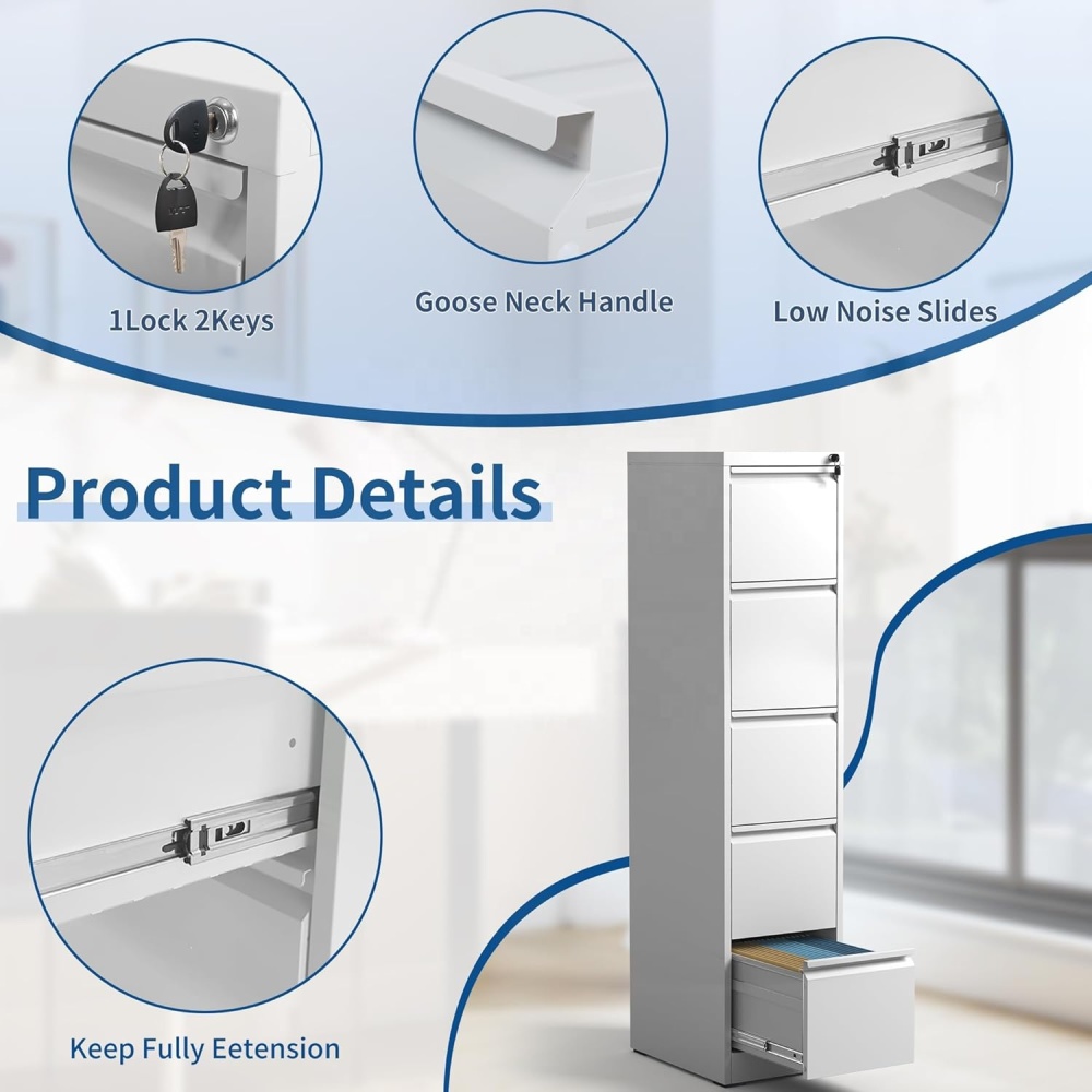5-Drawer Locking Steel Vertical File Cabinet Eco-Friendly Contemporary Design Office/Home Use Secure Filing Letter/Legal/F4
