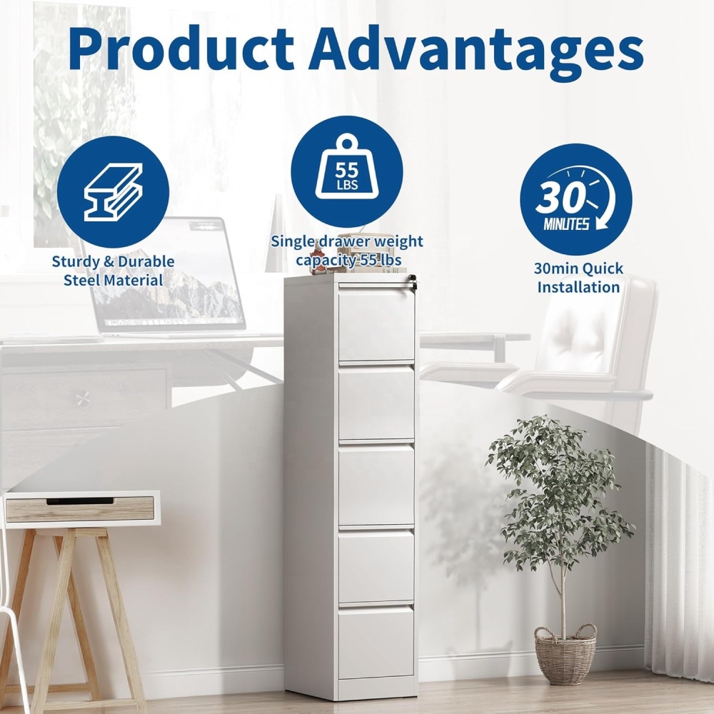 5-Drawer Locking Steel Vertical File Cabinet Eco-Friendly Contemporary Design Office/Home Use Secure Filing Letter/Legal/F4