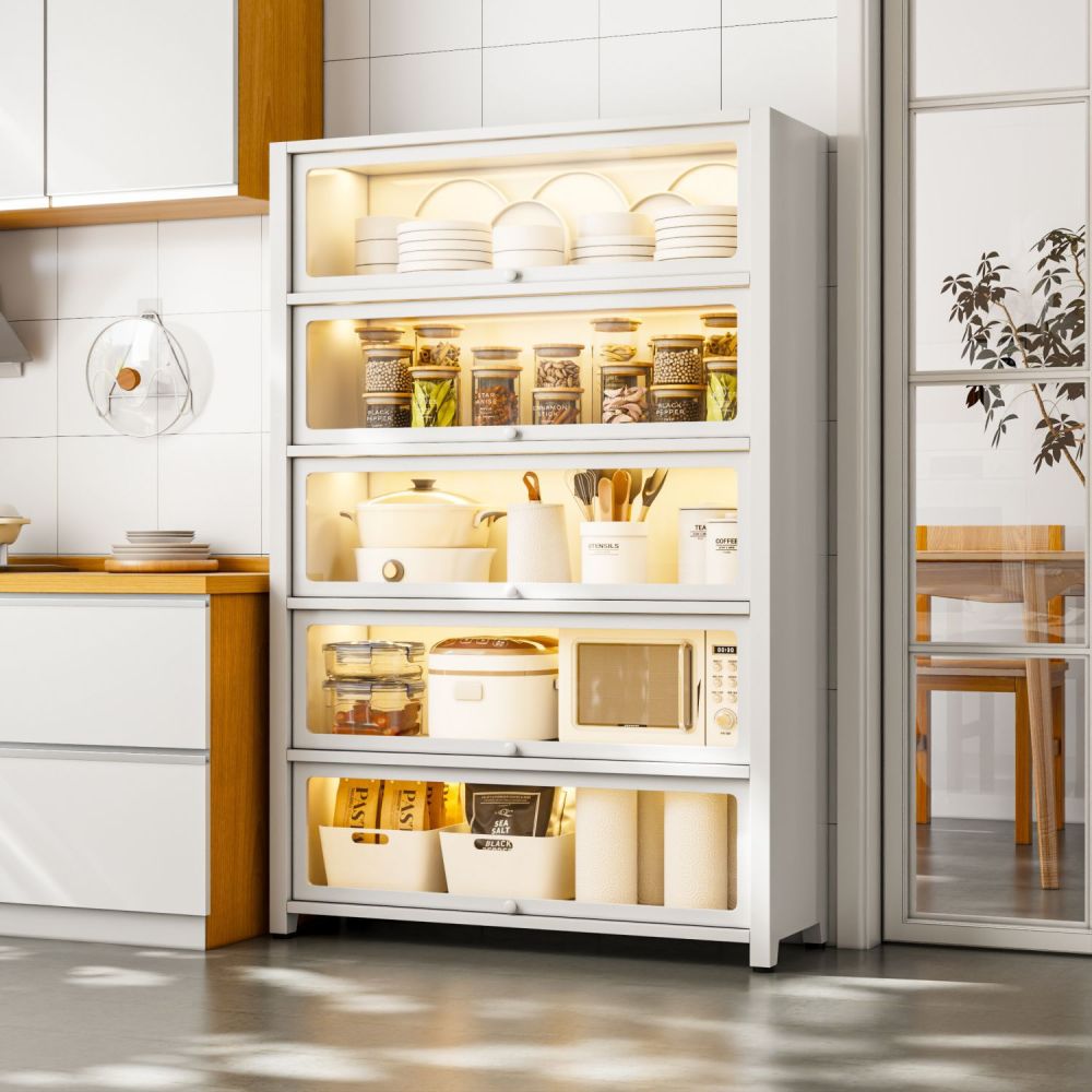 Custom Modern Steel Kitchen Storage Cabinet Adjustable Shelves Rack Wheels Sideboard-Kitchen Cupboard Pantry for Dining Room