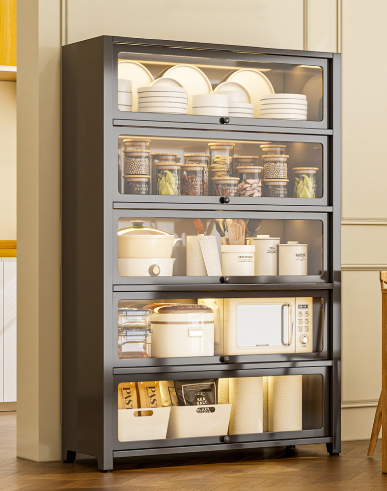 Custom Modern Steel Kitchen Storage Cabinet Adjustable Shelves Rack Wheels Sideboard-Kitchen Cupboard Pantry for Dining Room
