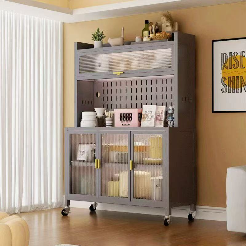 5-Layer Kitchen Storage Cabinet Wheels Steel Pantry Cupboard for Microwave Pan Dish Organizer Tableware Glass Door Easy