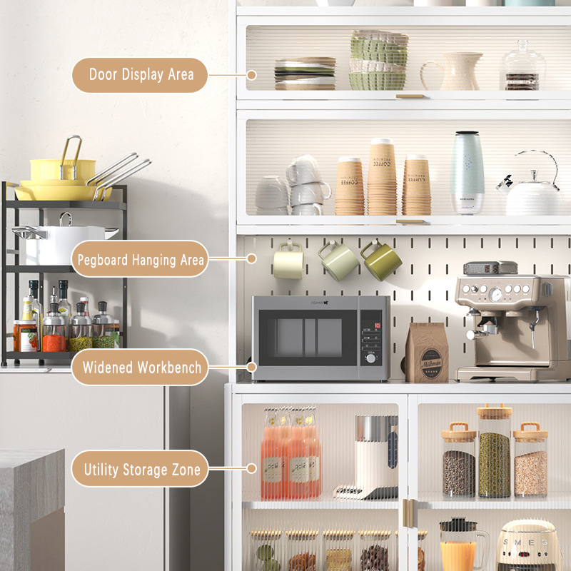 5-Layer Kitchen Storage Cabinet Wheels Steel Pantry Cupboard for Microwave Pan Dish Organizer Tableware Glass Door Easy
