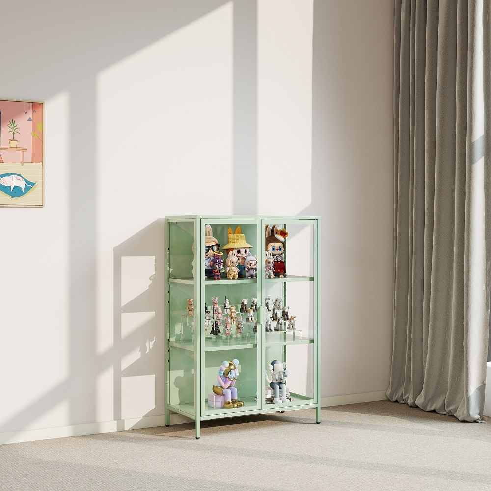 3-Tier Glass Door Display Cabinet Modern Living Room Curio Cabinet with Transparent Full-Display Surface Space Saving Storage
