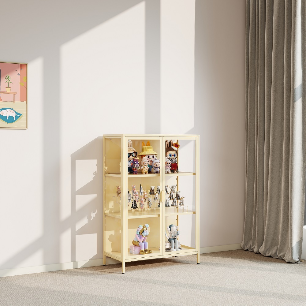 3-Tier Glass Door Display Cabinet Modern Living Room Curio Cabinet with Transparent Full-Display Surface Space Saving Storage