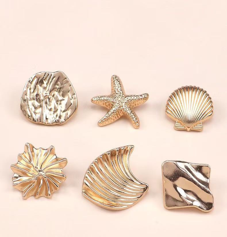 Nautical Ocean Shell Starfish Alloy Metal Buttons for Overcoat Jacket, Gold Plated,huiyuantrimming,Gold Alloy Ocean Shell Buttons for Overcoat Jacket