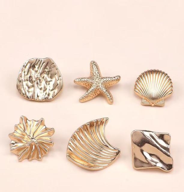 Nautical Ocean Shell Starfish Alloy Metal Buttons for Overcoat Jacket, Gold Plated,huiyuantrimming,Gold Alloy Ocean Shell Buttons for Overcoat Jacket
