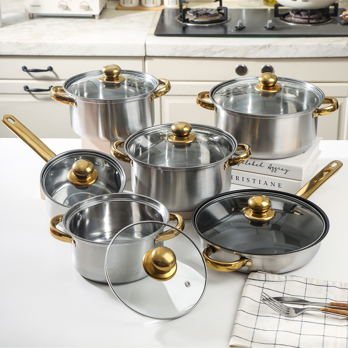 6-Piece Hybrid Cookware Set - Stainless Steel Pots & Non-Stick Frying Pan, Universal Stove Compatible,HangYu Housewares ,guo