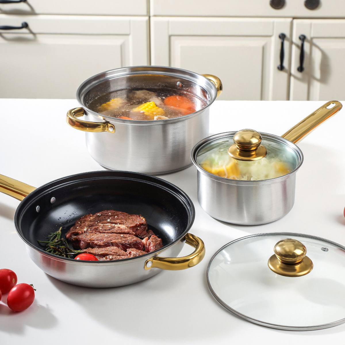 6-Piece Hybrid Cookware Set - Stainless Steel Pots & Non-Stick Frying Pan, Universal Stove Compatible,HangYu Housewares ,guo