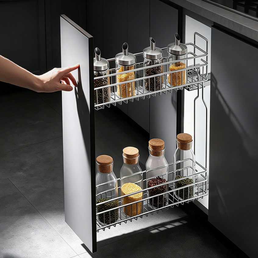 Drawer-type side pull basket base cabinet with double-layer extremely narrow pull baskets,DongGuan HangyYu Houseware Factory Website,Drawer-type side pull basket base cabinet with double-layer extremely narrow pull baskets