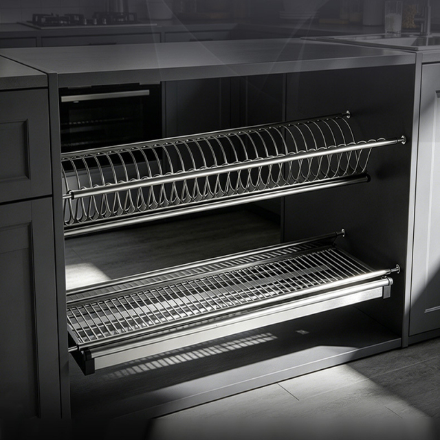 Double-layer stainless steel pull-out basket dish rack, cabinet storage and draining rack,DongGuan HangyYu Houseware Factory Website,Double-layer stainless steel pull-out basket dish rack, cabinet storage and draining rack