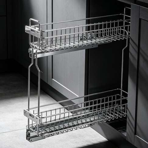 Drawer-type side pull basket base cabinet with double-layer extremely narrow pull baskets,DongGuan HangyYu Houseware Factory Website,Drawer-type side pull basket base cabinet with double-layer extremely narrow pull baskets