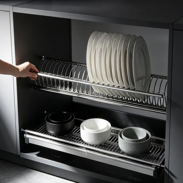 Double-layer stainless steel pull-out basket dish rack, cabinet storage and draining rack,DongGuan HangyYu Houseware Factory Website,Double-layer stainless steel pull-out basket dish rack, cabinet storage and draining rack