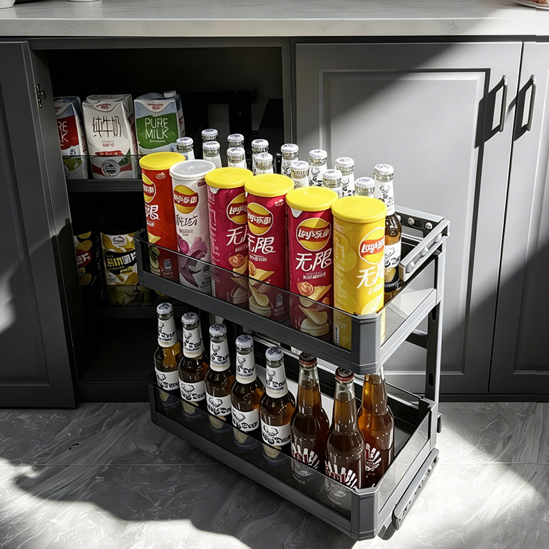 Corner pull-out basket kitchen cabinet double-layer drawer-type storage rack,DongGuan HangyYu Houseware Factory Website,Corner pull-out basket kitchen cabinet double-layer drawer-type storage rack