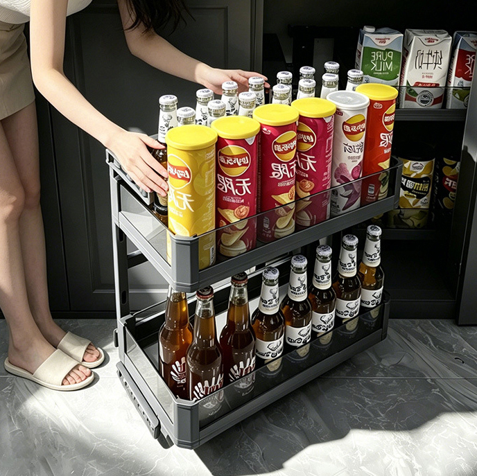 Corner pull-out basket kitchen cabinet double-layer drawer-type storage rack,DongGuan HangyYu Houseware Factory Website,Corner pull-out basket kitchen cabinet double-layer drawer-type storage rack