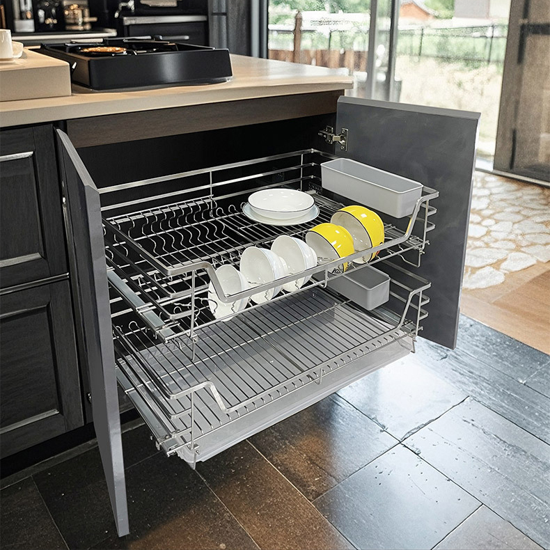 Stainless steel double-layer drawer-type dish storage rack for kitchen cabinets and bowls,DongGuan HangyYu Houseware Factory Website,Stainless steel double-layer drawer-type dish storage rack for kitchen cabinets and bowls