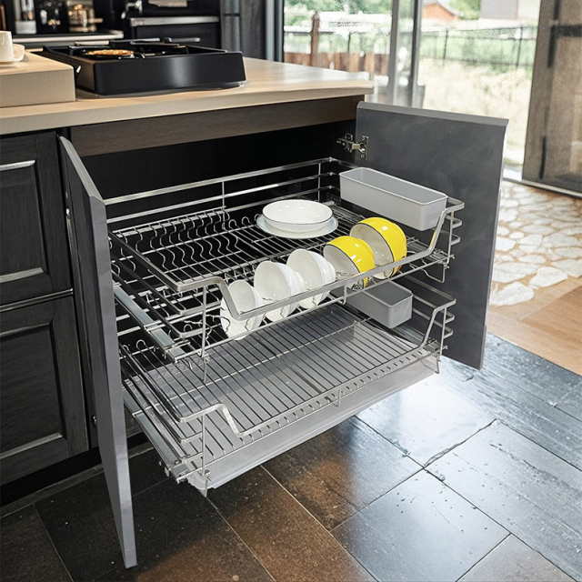 Stainless steel double-layer drawer-type dish storage rack for kitchen cabinets and bowls,DongGuan HangyYu Houseware Factory Website,Stainless steel double-layer drawer-type dish storage rack for kitchen cabinets and bowls