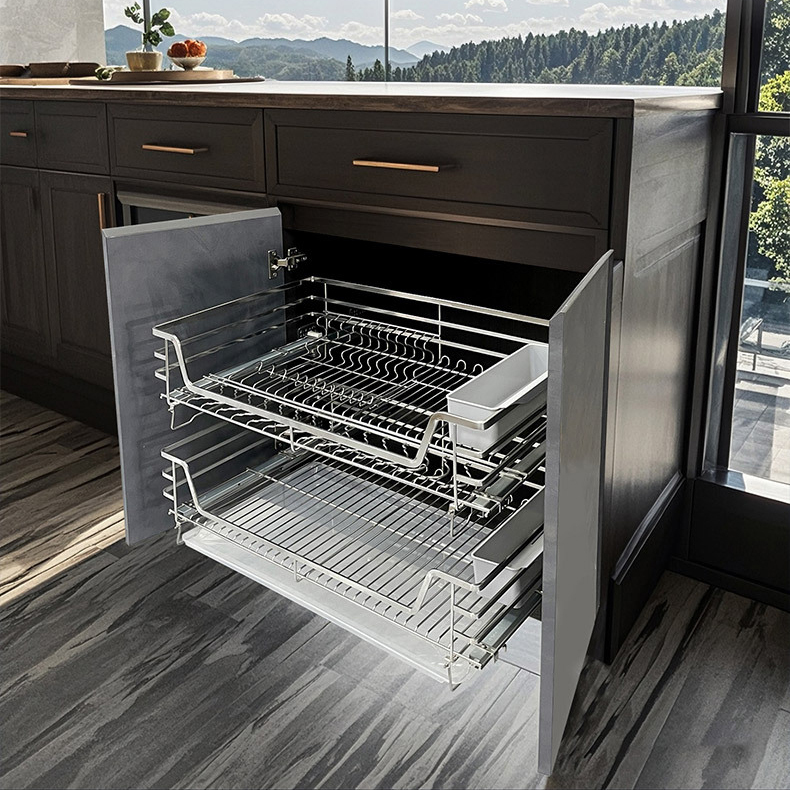 Stainless steel double-layer drawer-type dish storage rack for kitchen cabinets and bowls,DongGuan HangyYu Houseware Factory Website,Stainless steel double-layer drawer-type dish storage rack for kitchen cabinets and bowls