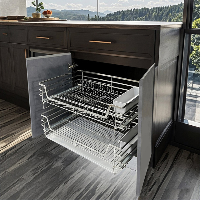 Stainless steel double-layer drawer-type dish storage rack for kitchen cabinets and bowls,DongGuan HangyYu Houseware Factory Website,Stainless steel double-layer drawer-type dish storage rack for kitchen cabinets and bowls