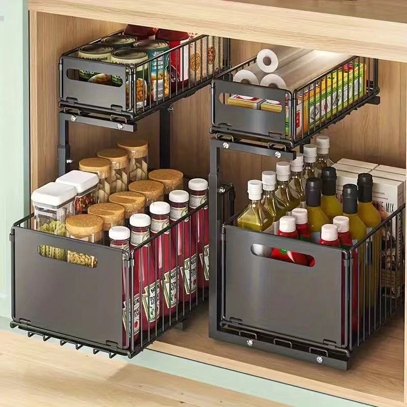 Kitchen self-installing basket-style cabinet with pull-out bowl baskets for dish storage, under-sink drawer-style multi-level storage rack,HangYu Housewares ,Kitchen self-installing basket-style cabinet with pull-out bowl baskets for dish storage, under-sink drawer-style multi-level storage rack