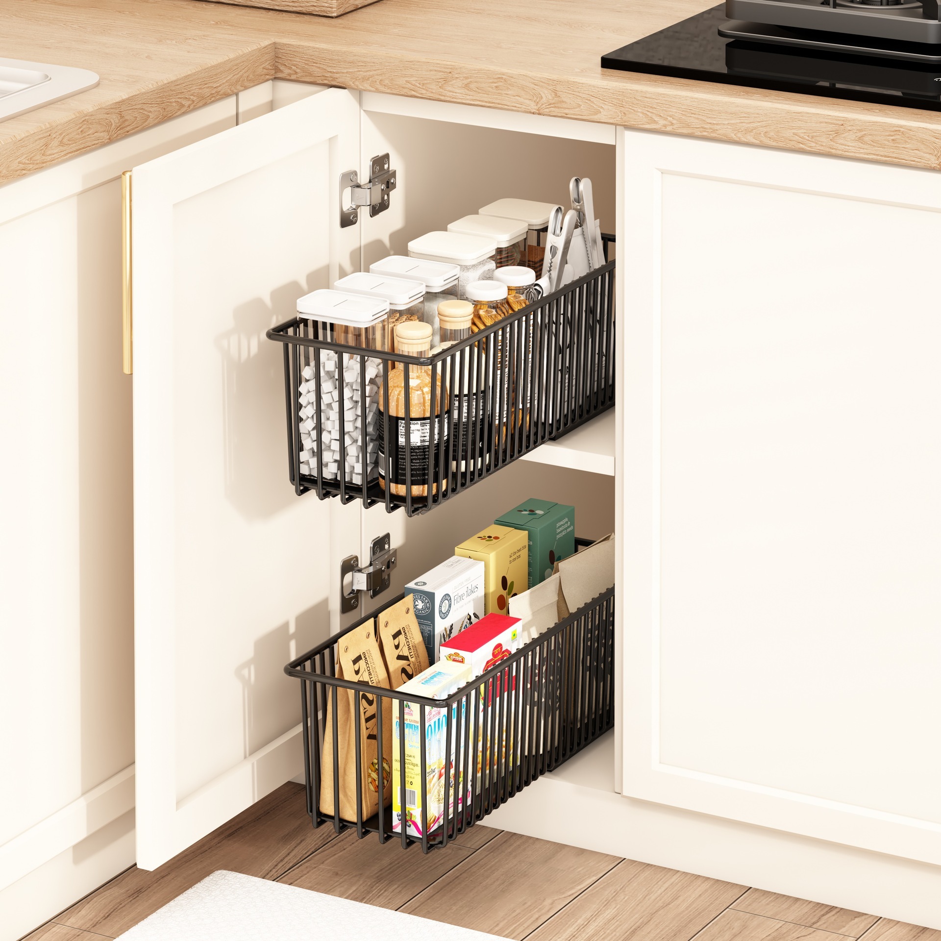 Pull-out storage cabinet with multi-level compartments, under-sink garbage bin, storage basket for kitchen utensils, and storage rack for kitchen seasonings.,HangYu Housewares ,Pull-out storage cabinet with multi-level compartments, under-sink garbage bin, storage basket for kitchen utensils, and storage rack for kitchen seasonings.