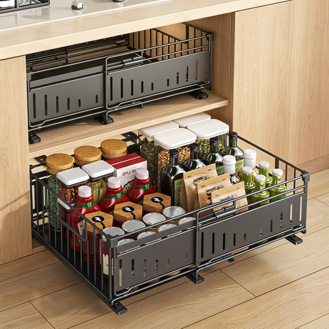 Extendable folding pull-out drawer shelf with multi-functional storage basket for cabinets,HangYu Housewares ,Extendable folding pull-out drawer shelf with multi-functional storage basket for cabinets