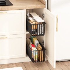 Pull-out storage cabinet with multi-level compartments, under-sink garbage bin, storage basket for kitchen utensils, and storage rack for kitchen seasonings.,HangYu Housewares ,Pull-out storage cabinet with multi-level compartments, under-sink garbage bin, storage basket for kitchen utensils, and storage rack for kitchen seasonings.