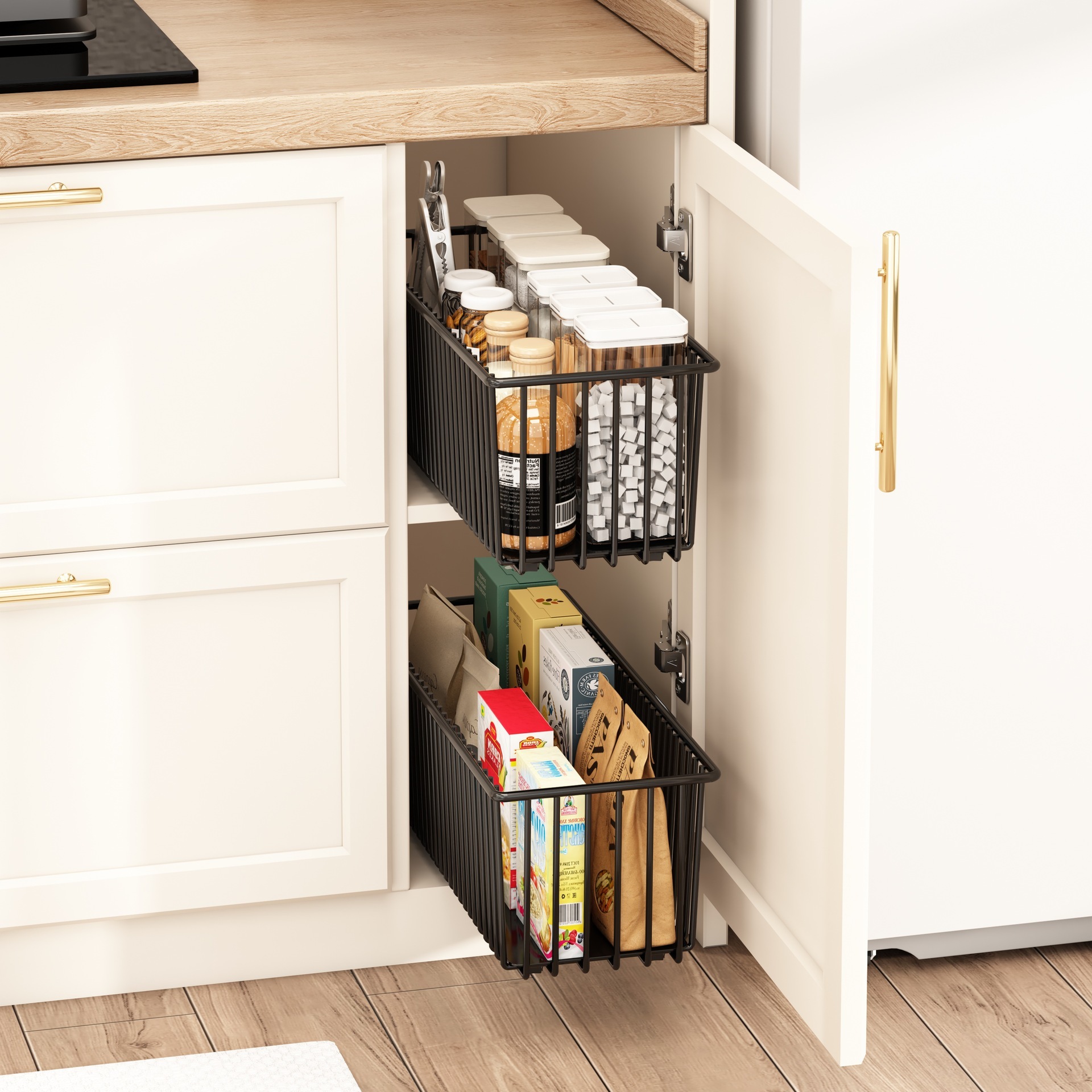 Pull-out storage cabinet with multi-level compartments, under-sink garbage bin, storage basket for kitchen utensils, and storage rack for kitchen seasonings.,HangYu Housewares ,Pull-out storage cabinet with multi-level compartments, under-sink garbage bin, storage basket for kitchen utensils, and storage rack for kitchen seasonings.