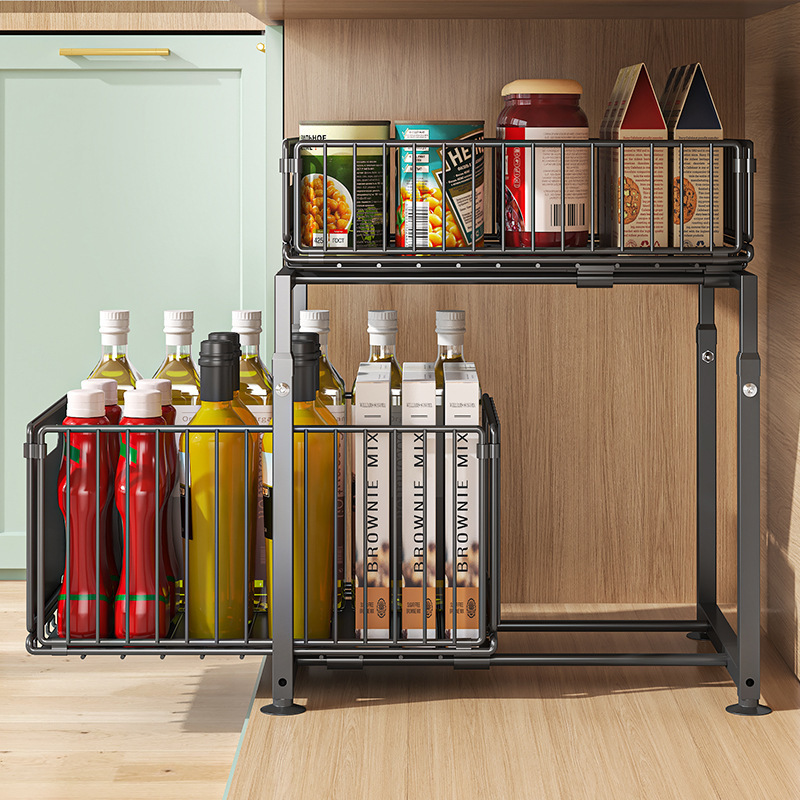 Kitchen self-installing basket-style cabinet with pull-out bowl baskets for dish storage, under-sink drawer-style multi-level storage rack,HangYu Housewares ,Kitchen self-installing basket-style cabinet with pull-out bowl baskets for dish storage, under-sink drawer-style multi-level storage rack