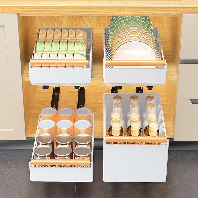 Kitchen self-installing basket-style cabinet with pull-out bowl baskets for dish storage, under-sink drawer-style multi-level storage rack,HangYu Housewares ,Kitchen self-installing basket-style cabinet with pull-out bowl baskets for dish storage, under-sink drawer-style multi-level storage rack