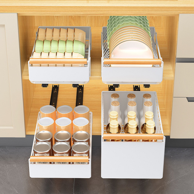 Kitchen self-installing basket-style cabinet with pull-out bowl baskets for dish storage, under-sink drawer-style multi-level storage rack,HangYu Housewares ,Kitchen self-installing basket-style cabinet with pull-out bowl baskets for dish storage, under-sink drawer-style multi-level storage rack